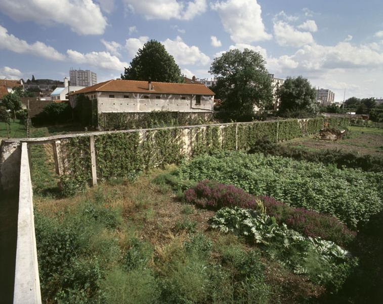 Vue des murs et des clos cultivés à l'arrière de la maison.