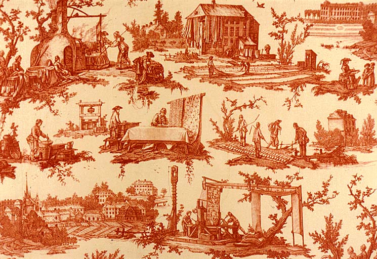 Détail d'une tapisserie représentant les 'travaux de la manufacture' sur laquelle on voit les bâtiments.