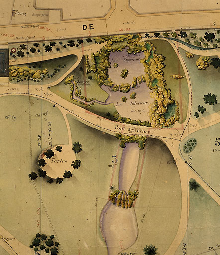 Plan du parc : détail de la grotte et de la cascade.