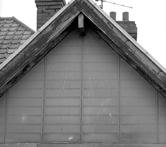 Maison n°5, française : détail du revêtement en plaques d'aluminium embouti.