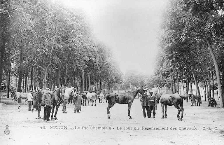 Le Pré Chamblain le jour du recensement des chevaux, vers le début du 20e siècle.