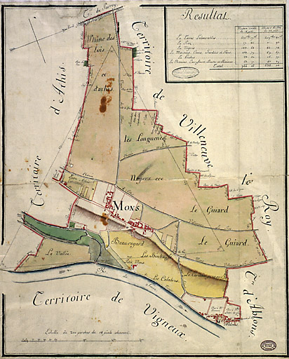 La 'fontaine' ou lavoir au carrfour des 2 rues principales de Mons. Plan d'intendance vers 1785.