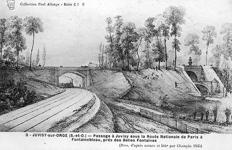 Le talus de la route nationale avec le pont du chemin de fer de la ligne Paris-Orléans et celui des Belles-Fontaines sur l'Orge. Dessiné d'après nature et lithographie de Champin, 1845.