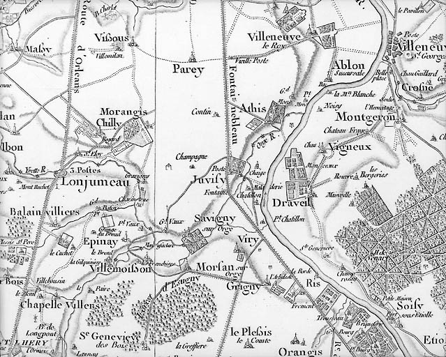 Carte de Cassini, extrait de la feuille n°1 : Paray, Vieille-Poste et Contin. Vers 1750.
