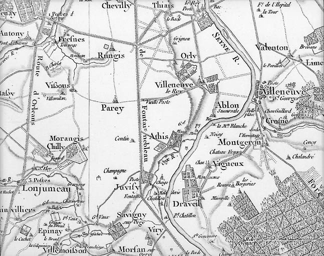 Carte de Cassini, extrait de la feuille n°1 : Athis, Mons, Chaige. Vers 1750.