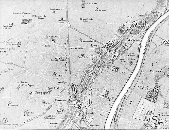 Carte des Chasses du roi, extrait de la feuille n°9 : région d'Athis-Mons et Juvisy. Entre 1765 et 1768.