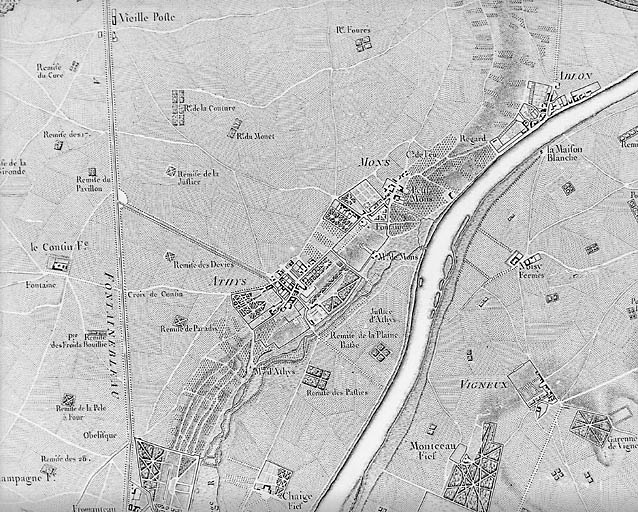 Carte dite des Chasses du roi, extrait de la feuille n°9 : Athis, Mons et Chaige. Entre 1765 et 1768.