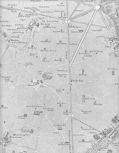 Carte dite des Chasses du roi, extrait de la feuille n°9 : Paray, Vieille-Poste et Contin. Entre 1765 et 1768.