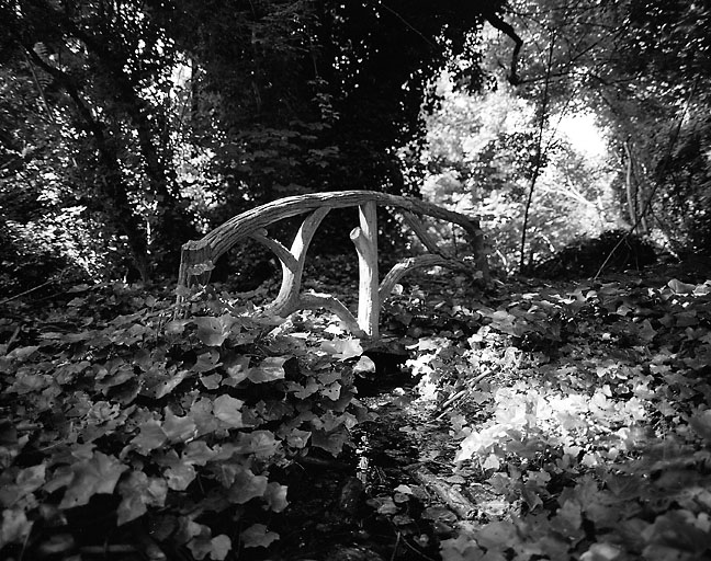 Parc d'agrément de la propriété convertie en clinique pendant quelques dizaines d'années (clinique des Charmilles) : petit pont en faux-bois (béton) faisant partie d'un ensemble d'éléments de jardin installés à la fin du 19e siècle (escaliers et rampes, bancs, grotte et pièces d'eau). La maison et ses dépendances sont ruinées, et le parc disparaît peu à peu par manque de gestion.