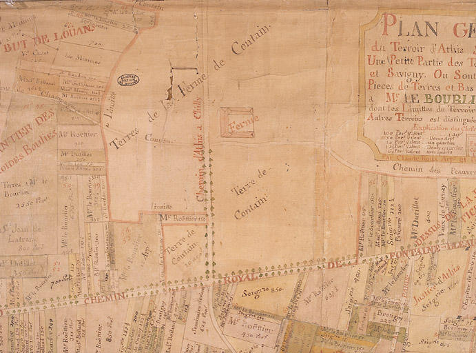 'Plan général du terroir d' Athis-sur-Orge avec une petite partie des terroirs de Mons et Savigny où sont compris plusieurs pièces de terre et bas prez appartenant à M. Le Bourlier..extrait des anciens plans de 1631 et 1745', par Claude Roux, arpenteur et géographe, 1750. Détail : la ferme de Contin.