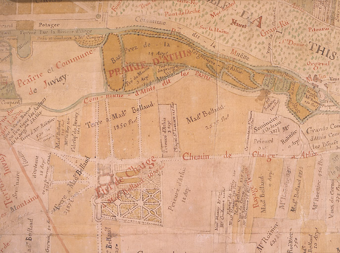 'Plan général du terroir d' Athis-sur-Orge avec une petite partie des terroirs de Mons et Savigny où sont compris plusieurs pièces de terre et bas prez appartenant à M. Le Bourlier..extrait des anciens plans de 1631 et 1745', par Claude Roux, arpenteur et géographe, 1750. Détail : la Prairie d'Athis et Chaiges.