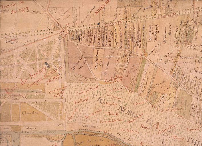 'Plan général du terroir d' Athis-sur-Orge avec une petite partie des terroirs de Mons et Savigny où sont compris plusieurs pièces de terre et bas prez appartenant à M. Le Bourlier..extrait des anciens plans de 1631 et 1745', par Claude Roux, arpenteur et géographe, 1750. Détail : le territoire de Juvisy et le château.