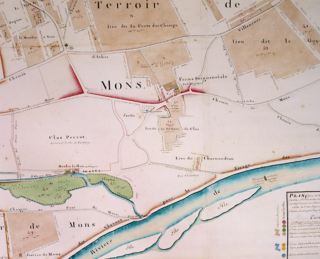 La 'fontaine' aménagée plus tard en lavoir, sur le plan d'arpentage de la ferme seigneuriale de Mons, dressé par A. Rivière, 1776.