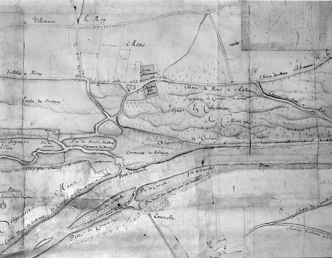 Plan de terres aux terroirs de Mons et Ablon [18e siècle] : ferme seigneuriale et moulin de Mons.