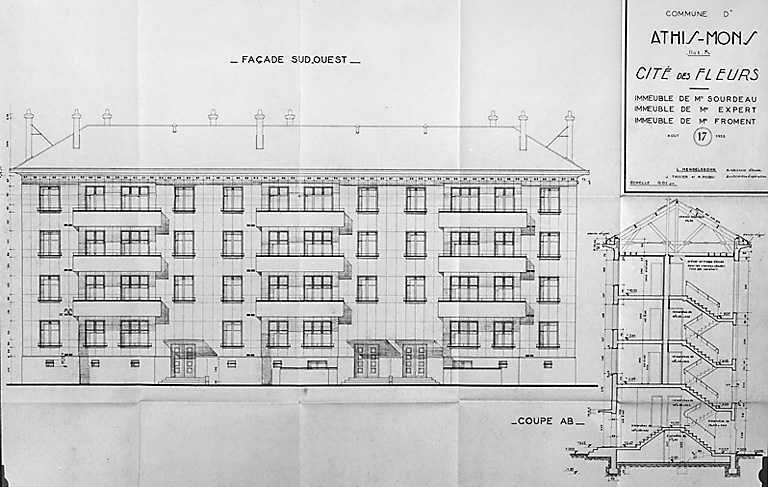 Plan de l'immeuble Sourdeau, Expert et Froment, dressé par les architectes L. Mendelssohn, J. Thivier et R. Poggi, août 1953 : façade sud-ouest et coupe AB.