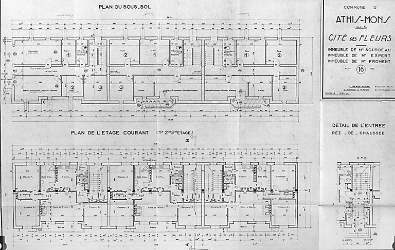 Plan de l'immeuble Sourdeau, Expert et Froment, août 1953 : plans du sous-sol et de l'étage courant, et détail de l'entrée.
