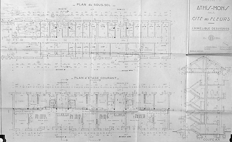 Plan de l'immeuble Desvignes, dressé par l' architecte P. Patry, mai 1953 : plans du sous-sol et de l'étage courant, et coupe AA.