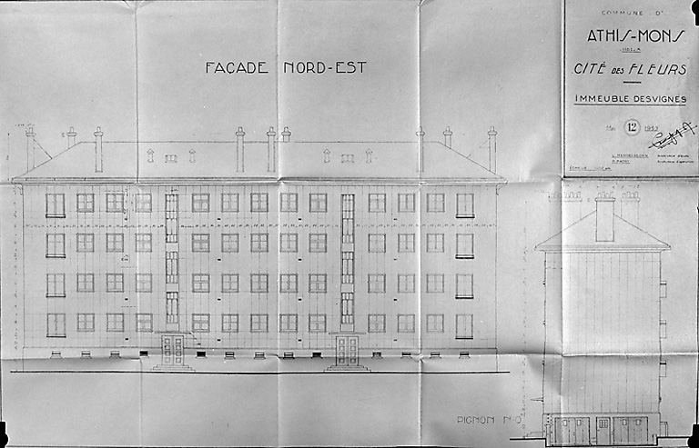 Plan de l'immeuble Desvignes, dressé par les architectes L. Mendelssohn et P. Patry, mai 1953 : façade nord-est et pignon nord-ouest.