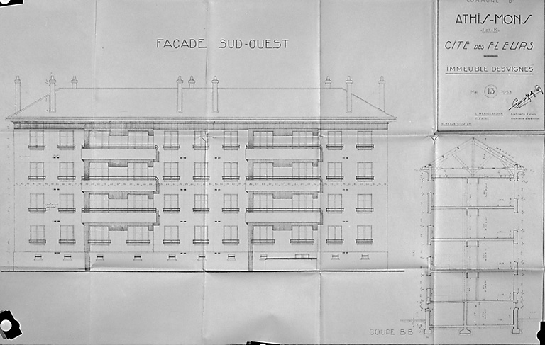 Plan de l'immeuble Desvignes, dressé par les architectes L. Mendelssohn et P. Patry, mai 1953 : façade sud-ouest et coupe BB.