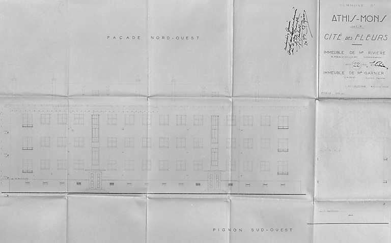 Plan de l'immeuble Rivière et Garnier, dressé par les architectes Mendelssohn, Blareau, Guillaume et Aubert, août 1953 : façade nord-ouest.