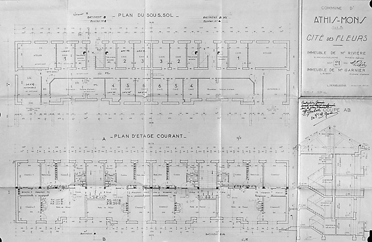 Plan de l'immeuble Rivière et Garnier, dressé par les architectes Blareau, Guillaume et Aubert, août 1953 : sous-sol, étage courant et coupe AB.