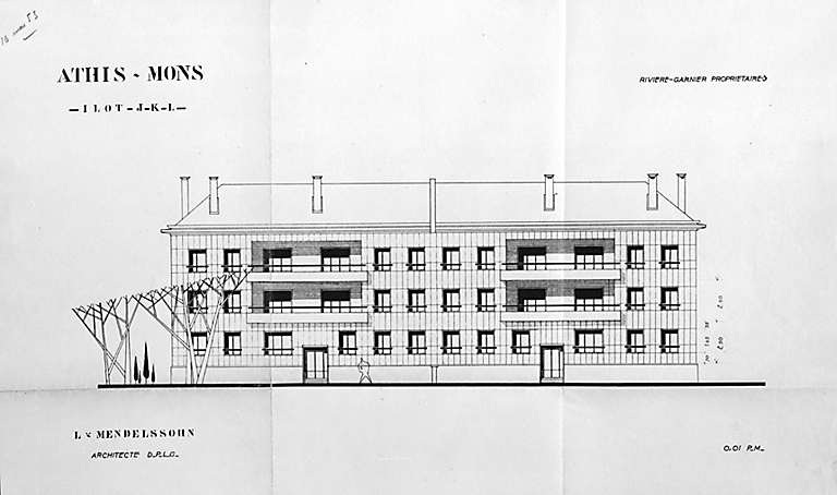 Immeuble Rivière et Garnier : projet de façade par L. Mendelssohn, architecte en chef, 14 mai 1953.