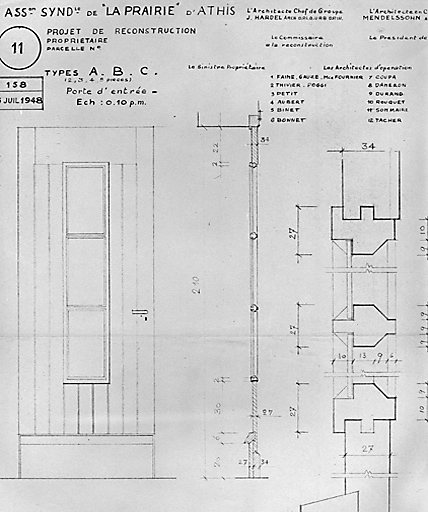 ASR de la Prairie, plan de détail des portes des maisons des types A, B, C construites sous la direction de l'architecte chef de groupe J. Hardel, 15 juillet 1948.
