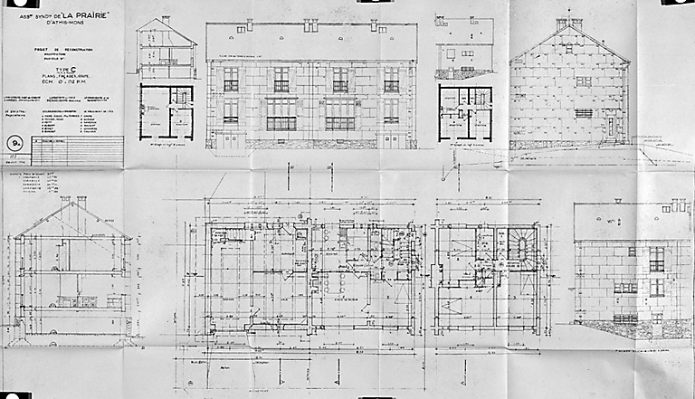 Pavillons de type C ; plans, façades et coupe ; 1948.