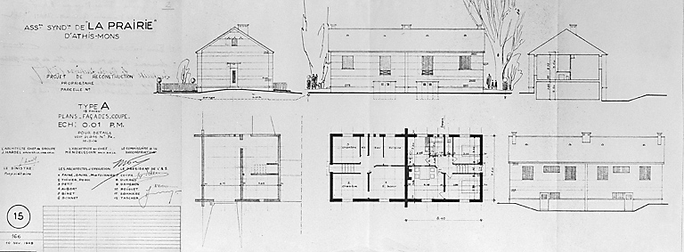 ASR la Prairie : plans (façades, coupe) des pavillons du type A, 3 pièces ; novembre 1948.