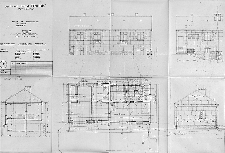 Plans, façades et coupe des pavillons du type A, 2 pièces ; 24 juin 1948.