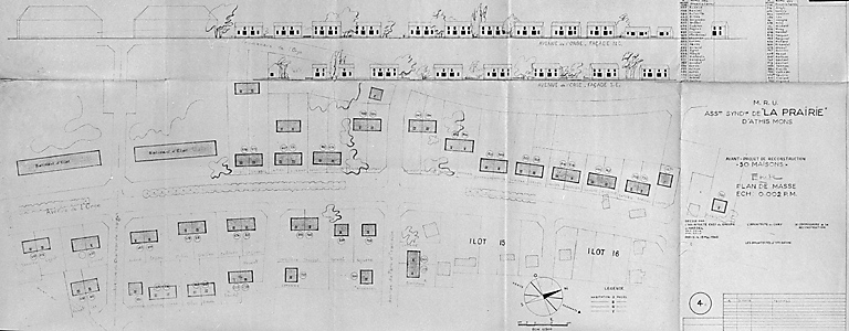 Plan de situation des 50 maisons (2 à 5 pièces) à reconstruire par l'ASR de La Prairie le long de l'avenue de l'Orge, avant-projet dressé par l'architecte chef de groupe Hardel, 13 mai 1948. La liste (en haut à droite) indique le nom des propriétaires.