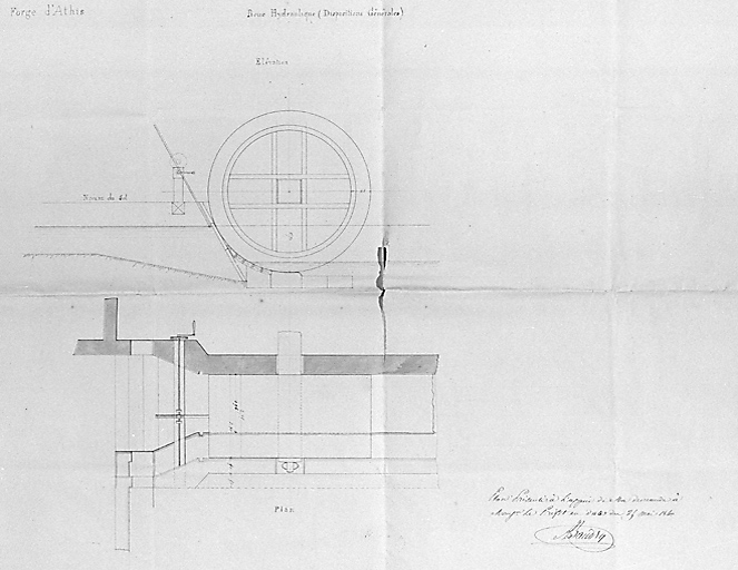 La roue hydraulique (2, 75 m de diamètre) : plan présenté à l'appui d'une demande de remplacement de la roue de 1, 90 m par une autre de 2, 75 m formulée auprès de la préfecture de Seine-et-Oise le 25 mai 1840.