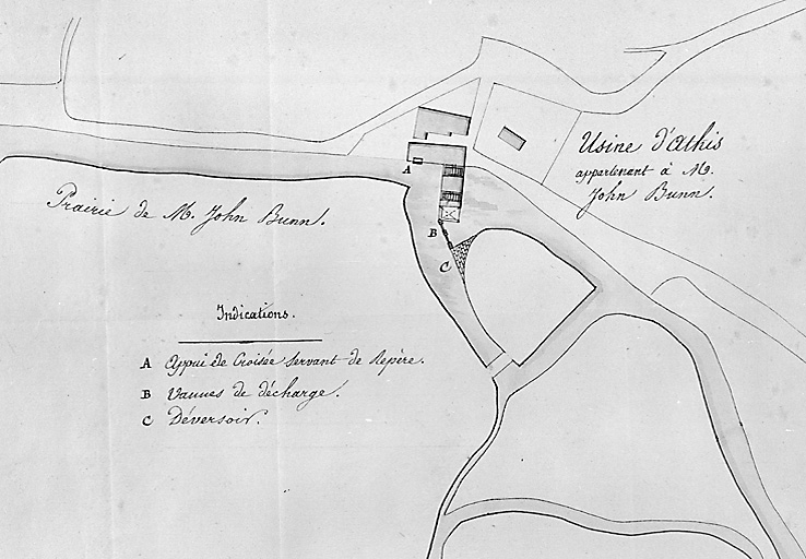 Usine d'Athis, détail du 'Plan de la rivière d'Orge comprise entre l'usine d'Athis appartenant à M. John Bunn et le lavoir public de Juvisy', fait par le conducteur Collomb, Versailles, 3 octobre 1831.