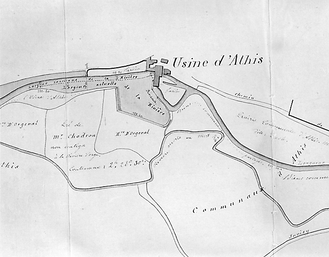 Détail du 'Plan du cours de l'Orge depuis le moulin de Juvisy jusqu'au moulin de Mons', dressé par Dom (?), géomètre à Fromenteau, 7 octobre 1845.