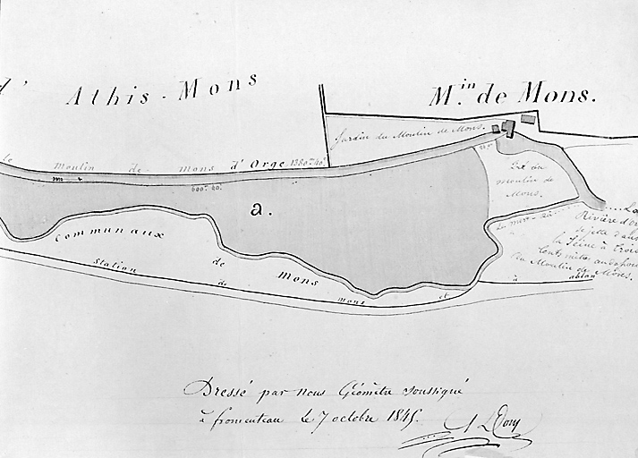 Détail du 'Plan du cours de l'Orge depuis le moulin de Juvisy jusqu'au moulin de Mons', dressé par Dom (?), géomètre à Fromenteau, 7 octobre 1845. Le bâtiment d'exploitation est alors formé de deux caves voûtées en maçonnerie et d'un rez-de-chaussée qui contient les 'tournants et travaillants' du moulin ; à l'extérieur la roue est supportée par un massif en grès et couverte par un comble en roseaux. Le 1er étage, de niveau avec le chemin d'Athis, comporte, à côté de la pièce contenant les meules, deux chambres formant le logement du meunier avec escalier desservant le 2e étage, dont une partie sert également à l'habitation du meunier, le reste au moulin. Au-dessus de l'écurie située à côté d'une des chambres du 1er étage, se trouve une chambre à farine et la celle du garde-moulin.