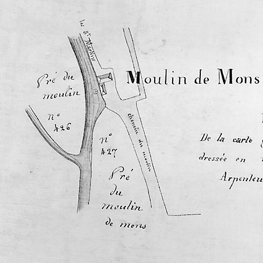 Le moulin en 1745 (détail de la carte générale du terroir de Mons dressée en 1745 par C. Roux, arpenteur).