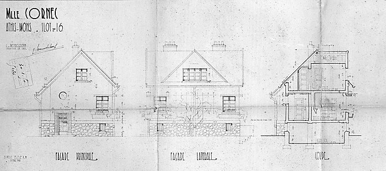 Ilot 16 : maison de Melle Cornec située au 67, avenue du 18 Avril, plan dressé par L. Mendelssohn (façades principale et latérale, coupe), octobre 1949.