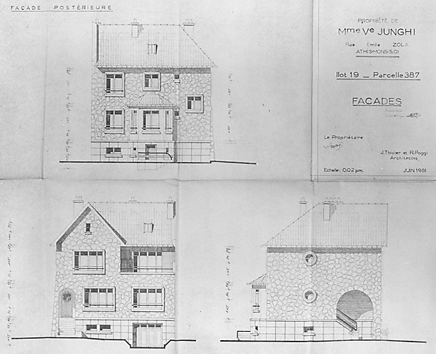 Plan dressé par les architectes Thivier et Poggi pour la maison de Mme Junghi, 16, rue Emile-Zola : élévations, juin 1951.