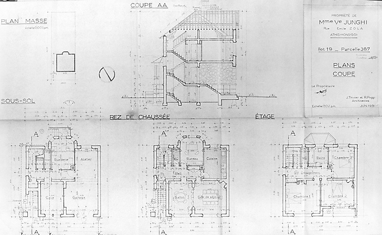 Plan dressé par les architectes Thivier et Poggi pour la maison de Mme Junghi, 16, rue Emile-Zola : élévations, juin 1951.