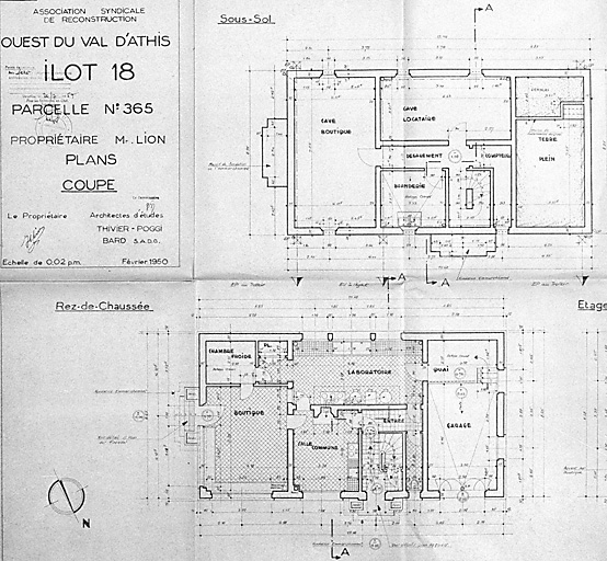 Immeuble Lion, situé 83, rue de Juvisy et 1, rue Emile Zola (îlot 18, parcelle 365) : plans du sous-sol et du rez-de-chaussée (avec boutique, 'laboratoire' et chambre-froide pour la charcuterie), architectes d'études Thivier-Poggi et Bard, février 1950.