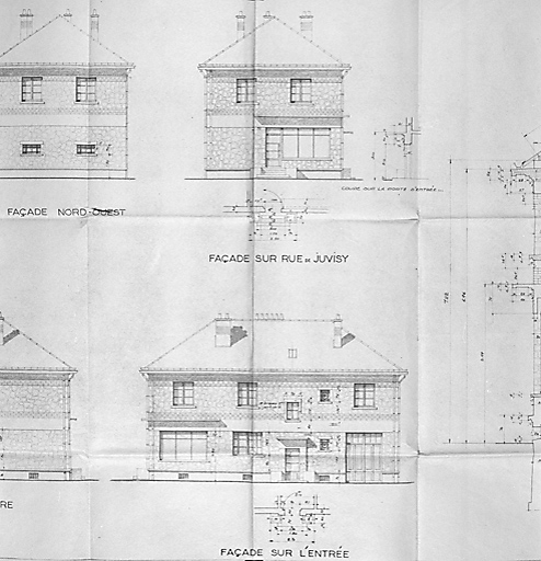 Immeuble Lion, comportant une charcuterie en rez-de-chaussée, situé 83, rue de Juvisy et 1, rue Emile Zola (îlot 18, parcelle 365) : façades sur l'entrée et sur la rue de Juvisy, architectes d'études Thivier-Poggi et Bard, janvier 1950.