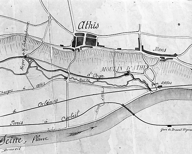 Extrait du 'Plan de situation des moulins de Juvisy-et Athis-Mons, appuyant une demande de réduction de la contribution des patentes pour 1879 versées par l'entreprise Darblay et Bérenger sur les moulins de Corbeil, Essonnes, Juvisy, Athis-Mons, Ormoy, et la papeterie d'Essonnes', 31 mars 1881.