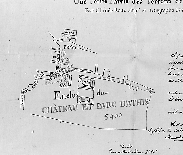 Le château et la ferme seigneuriale en 1750 ; extrait du 'plan général du terroir d'Athis avec une partie des terroirs de Mons..' par C. Roux, 1750 conservé aux AN, N II Seine-et-Oise 36.