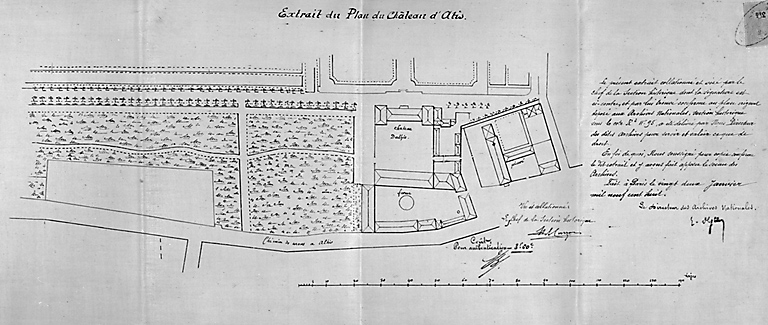 Extrait du plan du château d'Athis conservé aux archives nationales sous la cote R III 98, copié en 1908 : détail du château et de la ferme seigneuriale dans leur état antérieur à 1750 (la ferme est encore située face au château).