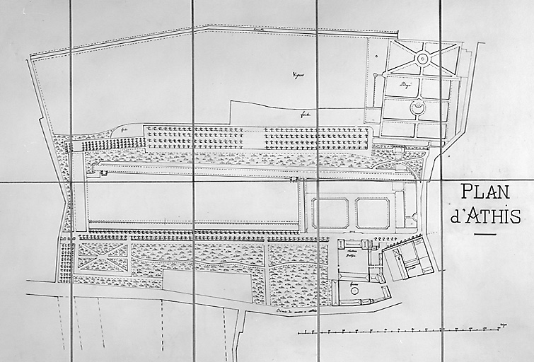 Extrait du plan du château d'Athis conservé aux archives nationales sous la cote R III 98, copié en 1908 pour les archives du baron de Courcel : le château et son parc avant les transformations apportées par Melle de Charolais.