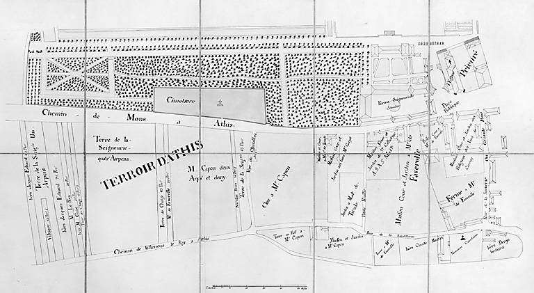 Le terroir d'Athis autour du château ; 'extrait d'un plan existant dans les archives du château d'Athis', copié par Perret, Yerres, 15 janvier 1908. En note : 'Ce plan est antérieur à 1744 car il indique encore l'ancien cimetière qui a été cédé à Melle de Charolais le 27 novembre 1744 par le prieuré d'Athis'.