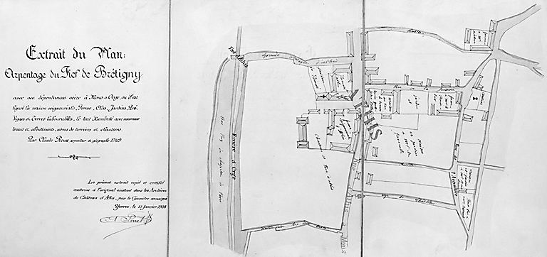 Extrait du 'plan d'arpentage du fief de Brétigny, avec ses dépendances sizes à Mons-sur-Orge, où il est figuré la maison seigneuriale, fermes, clos, jarddins, prés, vignes et terres labourables..', par Claude Roux, arpenteur et géographe en 1749, 'copié sur l'original existant dans les archives du château d'Athis', Perret, Yerres, 15 janvier 1908.