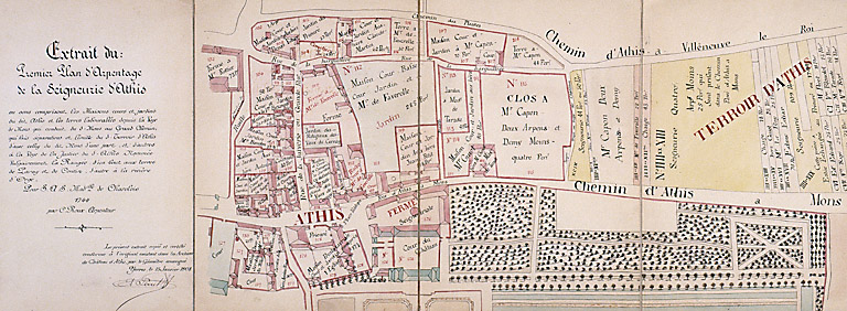 Extrait du 'Premier plan d'arpentage de la seigneurie d'Athis où sont comprises les maisons, cours et jardins dudit Athis et les terres labourables depuis la voie de Mons qui conduit dudit Mons au grand chemin qui fait séparation et limite du terroir d'Athis d'avec celui dudit Mons d'une part, et d'autre à la voie de la justice ddudit Athis nommée vulgairement la Rangée..', dressé pour Melle de Charolais par C. Roux, arpenteur, en 1744. Copie réalisée d'après l'original conservé dans les archives du château par Perret, 15 janvier 1908.