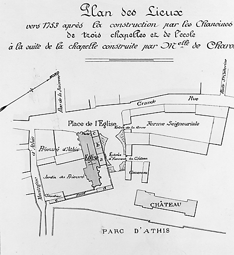 Plan de l'église, vers 1753, après la construction de 3 chapelles (b) par les chanoines de Saint-Victor à la suite de la chapelle seigneuriale (a) et l'adjonction d'une salle de classe ©.