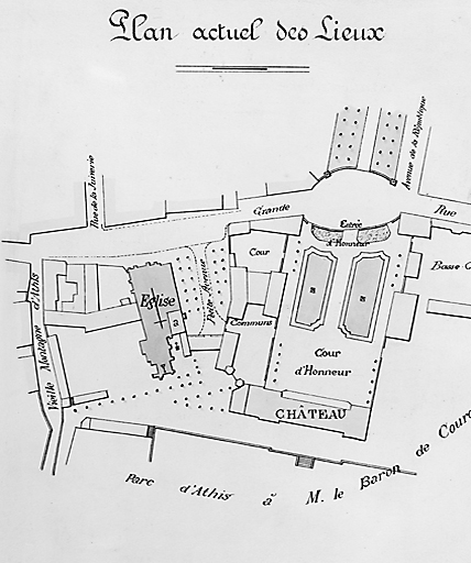 Série de 5 plans 'indiquant les transformations successives opérées à diverses époques aux alentours de l'église et du château, dressés à l'aide des plans existant dans les archives du château d'Athis', par le géomètre Perret, Yerres, 15 janvier 1908 : 'plan actuel des lieux'.